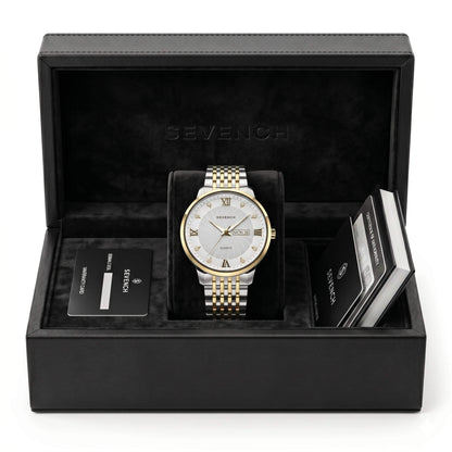 Box Sevench Geneva Gold, Silver & White | Affordable Men's Watch |  Quartz Movement & Water Resistant