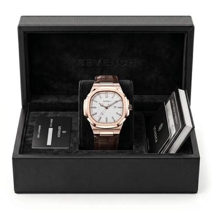 Box Sevench Monarch Rose & White | Affordable Men's Watch | Quartz Movement & Genuine Leather Strap