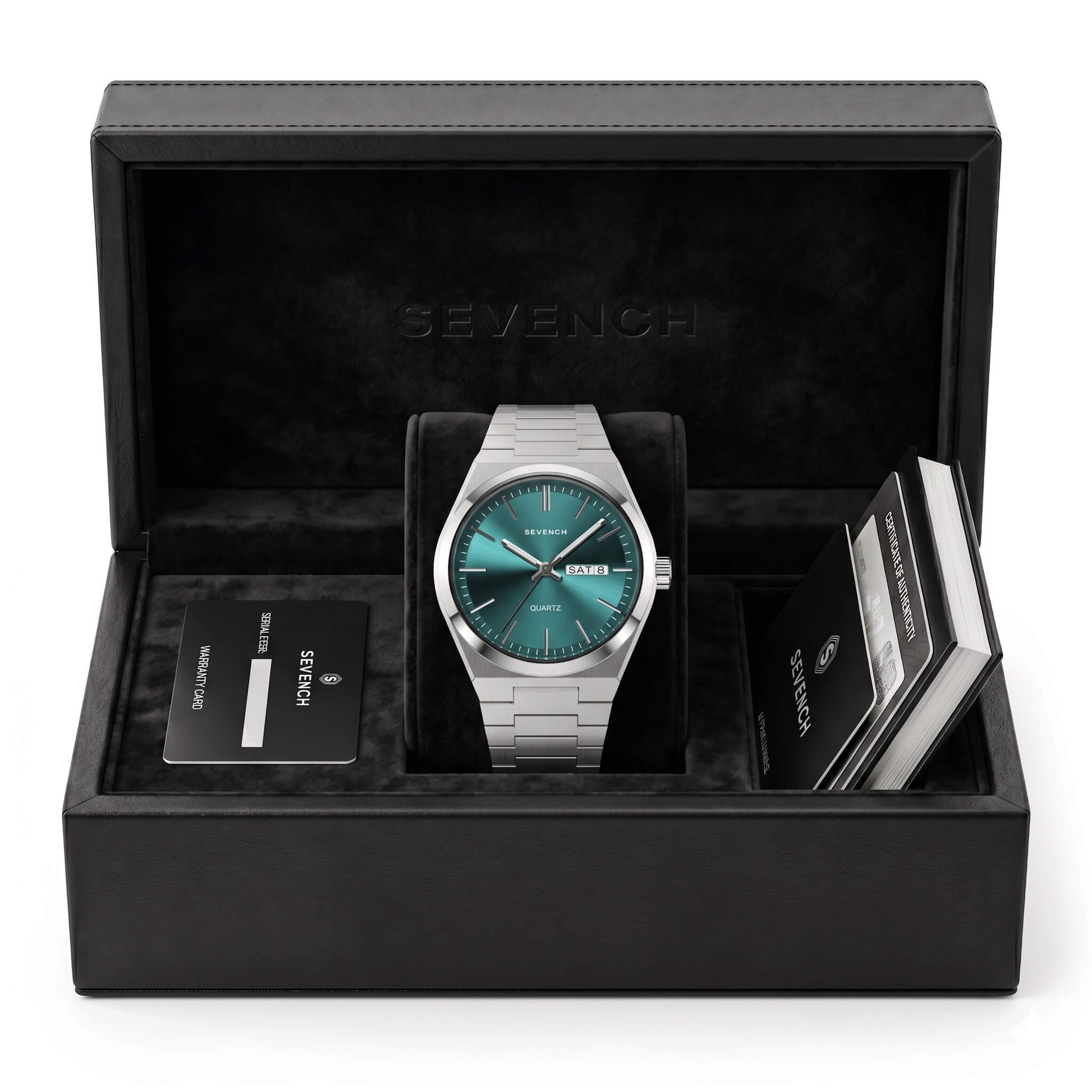 Box Sevench No.7 Sliver & Green | Affordable Men's Watch | Italian Quartz Movement & Water Resistant