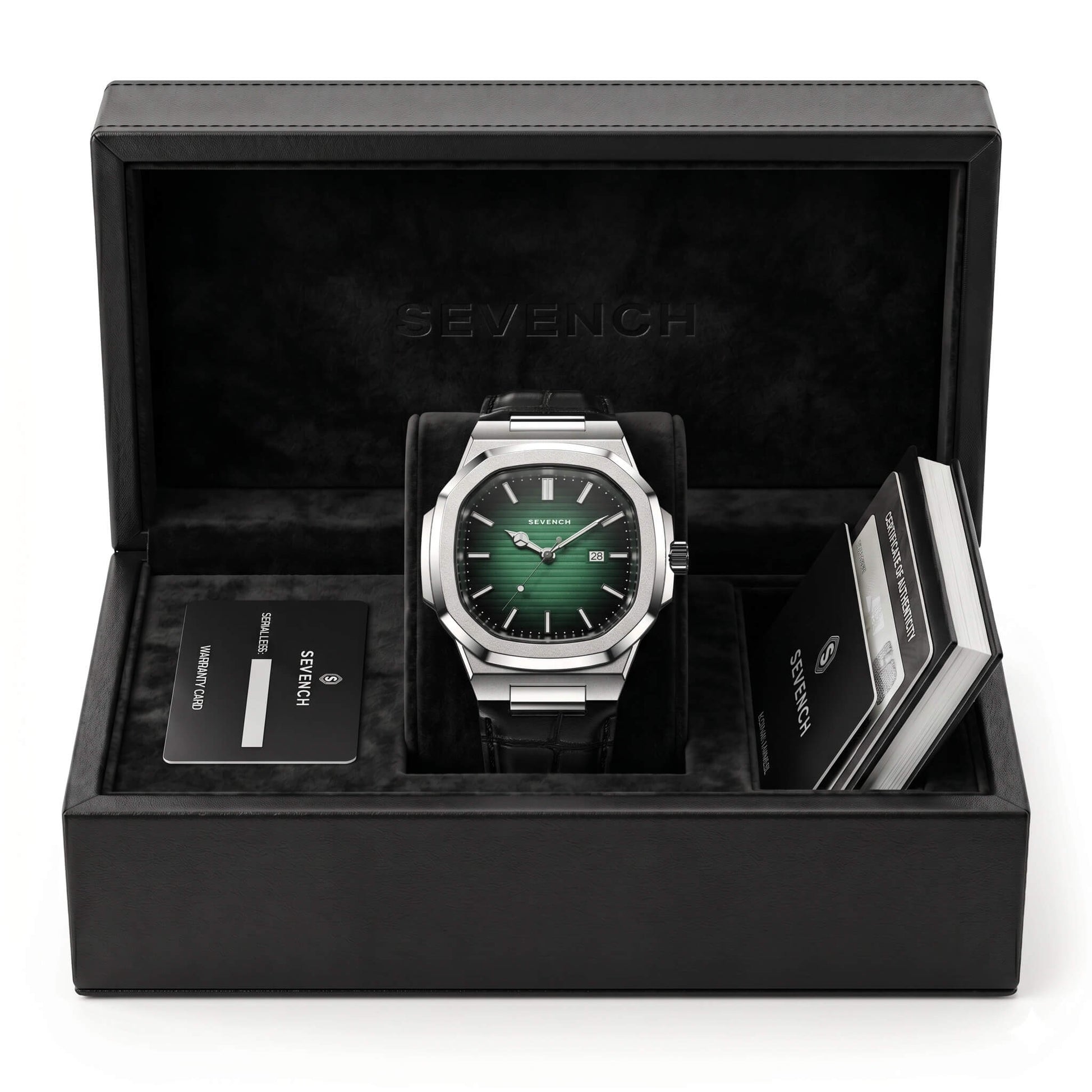 Box Sevench Zenith Silver & Green | Affordable Men's Watch | Quartz Movement & Genuine Leather Strap