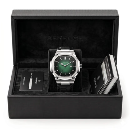 Box Sevench Zenith Silver & Green | Affordable Men's Watch | Quartz Movement & Genuine Leather Strap
